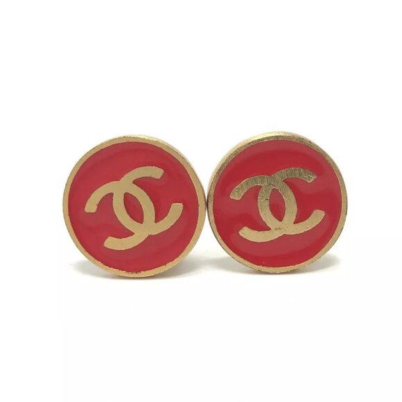CHANEL 01P CC Mark Accessories Vintage Clip-on Earrings Metal Red x Gold - Picture 1 of 6